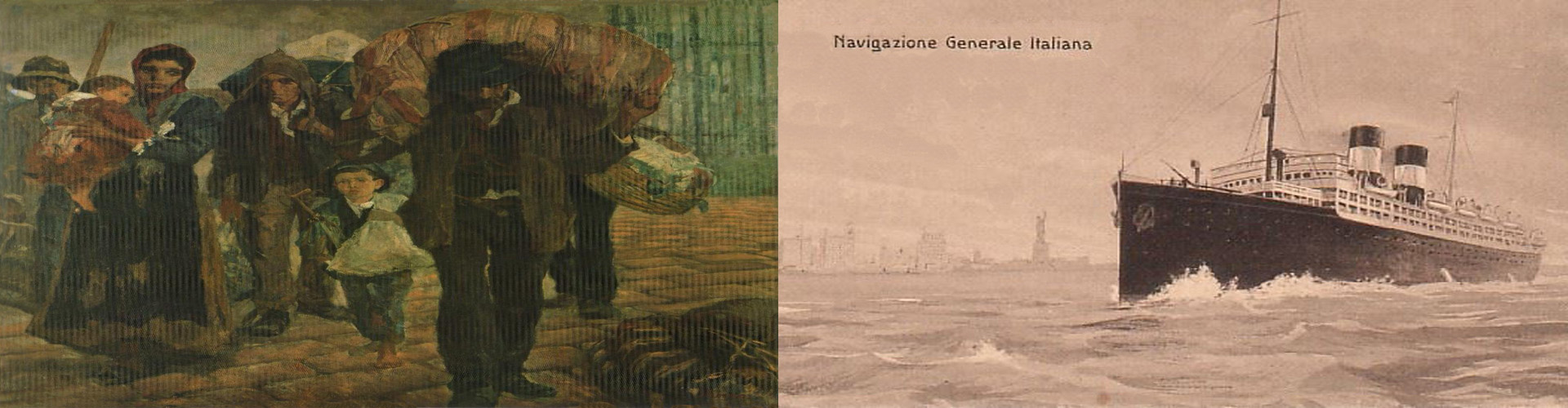 Montagem: quadro “Os imigrantes”, de Antonio Rocco (1910), e navio italiano.